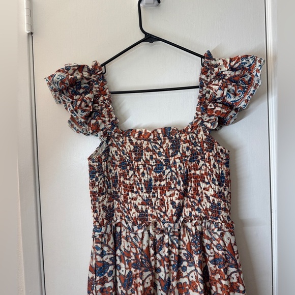 Love the Label Floral Paisley Smocked Tiered Ruffle Orange Blue Maxi Dress M - Picture 13 of 16